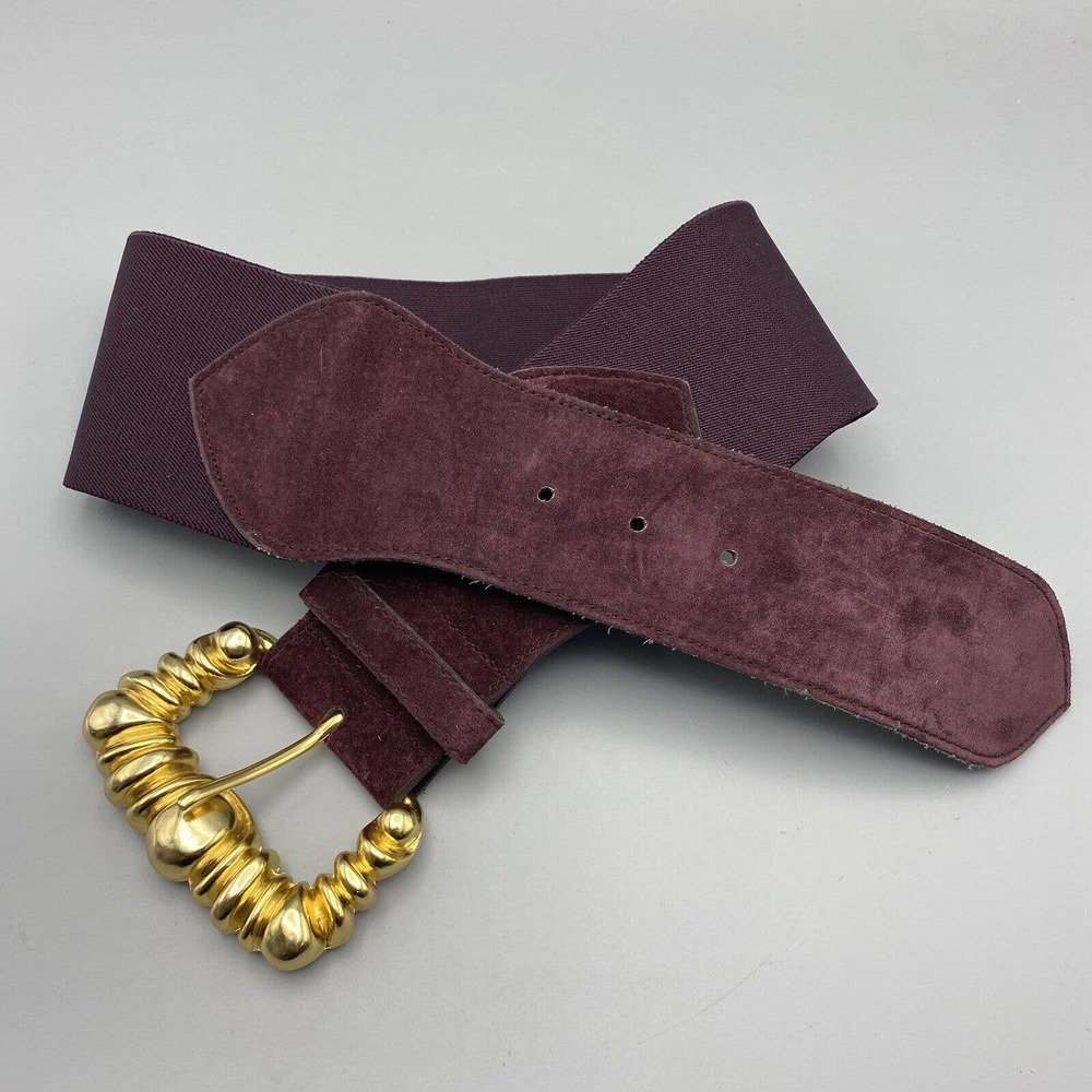 Vintage 80s 90s EXPRESS Wide Belt Burgundy Purple Leather Stretch Size S Buckle